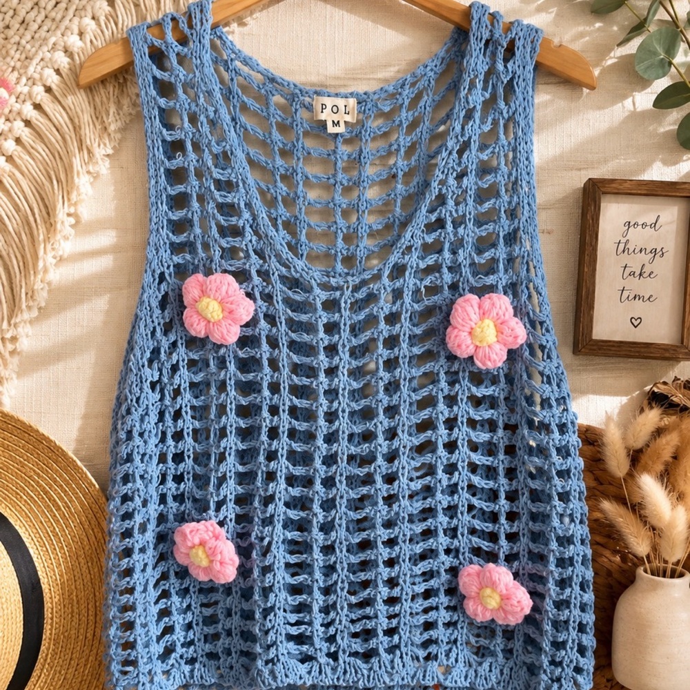 POL Blue Crochet Tank with Pink Flower Appliqués